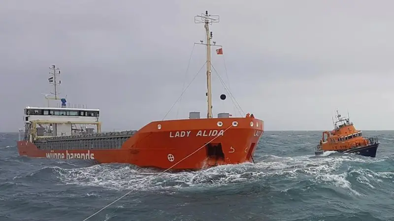 'Lady Alida' and the Penlee lifeboat seen from the Sennen Cove lifeboat (Photo: Penlee lifeboat)