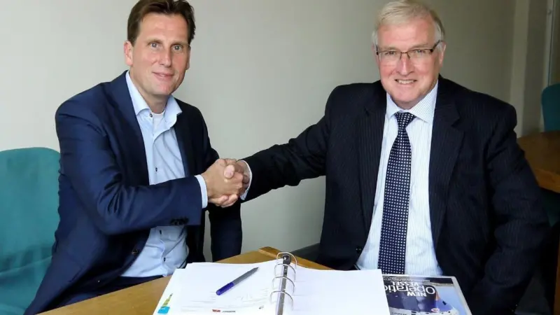 L-R: Huib Giesberts, Manager Logistics Department, Total E&P Netherland. Stephen Blaikie CEO Bibby Marine Services