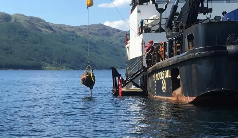 One of the Highball bouncing bombs being recovered from Loch Striven
