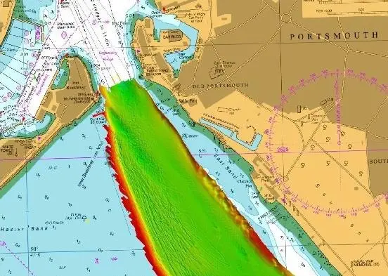 High resolution of the approach to Portsmouth Harbour using UKHO bathymetric data.Not to be used for navigation (© British Crown Copyright and/or database rights)