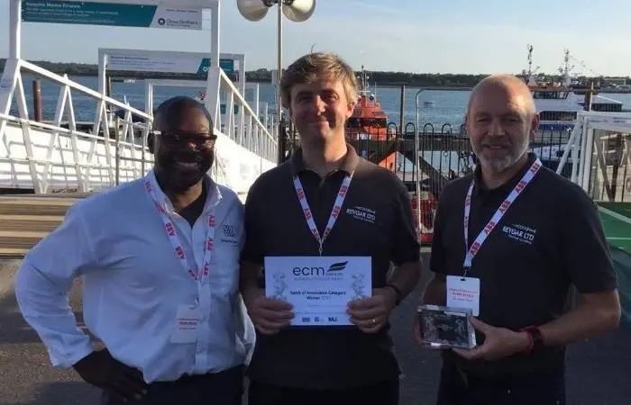 From left to right: Trevor Pearson of Gill Sensors, Chris Huxley-Reynard and Felix Francis of Reygar at Seawork 2017