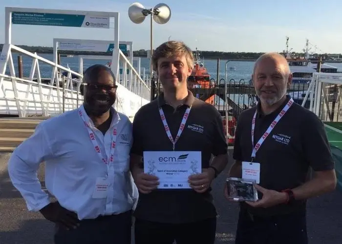 From left to right: Trevor Pearson of Gill Sensors, Chris Huxley-Reynard and Felix Francis of Reygar at Seawork 2017
