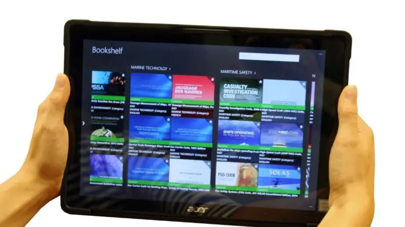 The tablet stores hundreds of maritime publications and documents on its ‘virtual bookshelf’