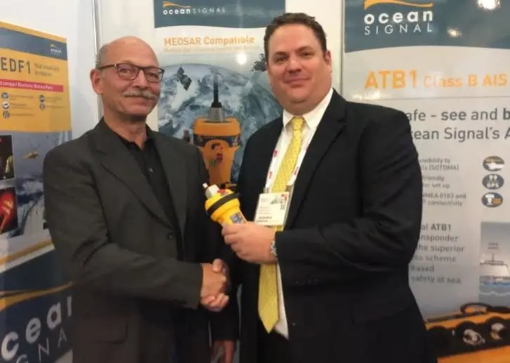 Niko Reisch, Managing Director, Nordwest-Funk (left) with James Hewitt, Sales and Marketing Manager, Ocean Signal, at METSTRADE