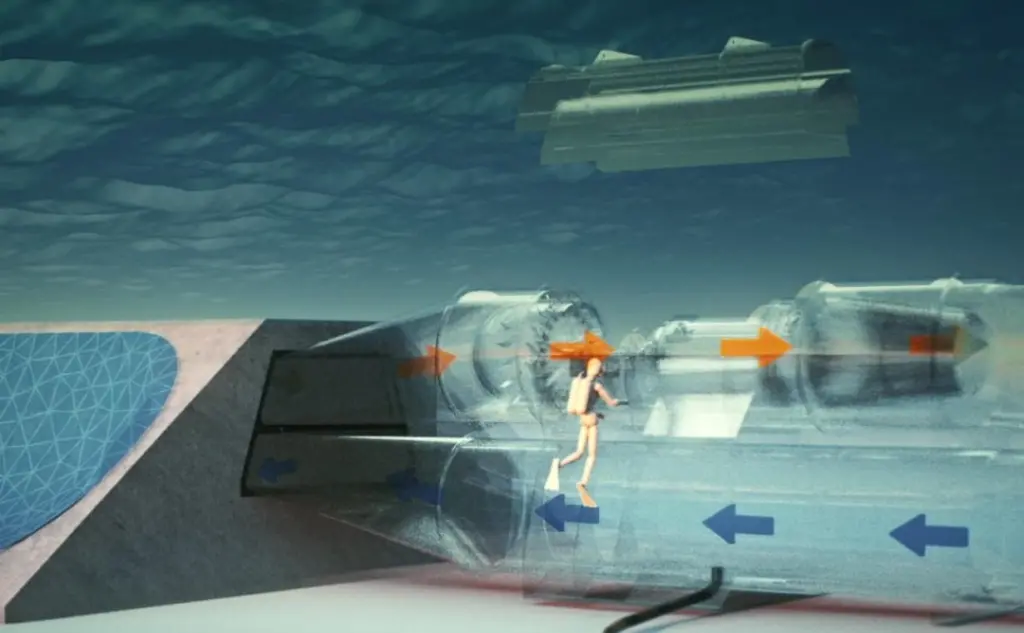 Waves passing over the mWave squeeze air out of a number of flexible cells contained in the machine - and pump air through a turbine to generate electricity