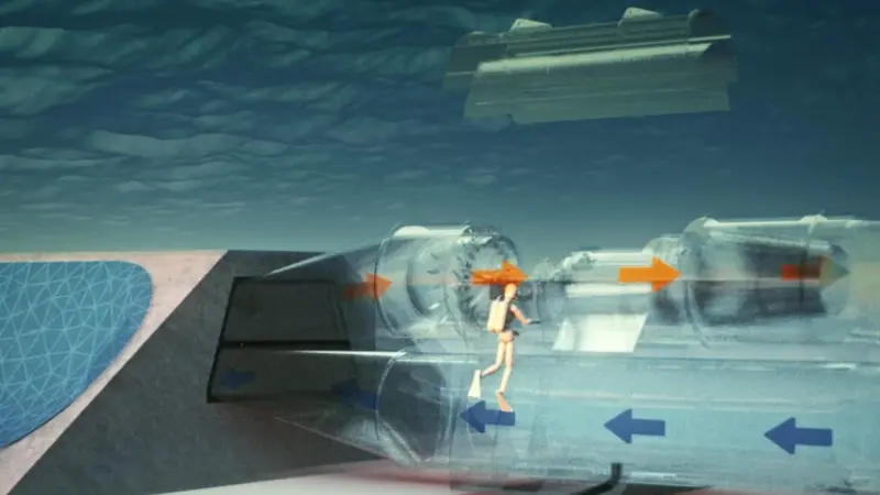 Waves passing over the mWave squeeze air out of a number of flexible cells contained in the machine - and pump air through a turbine to generate electricity