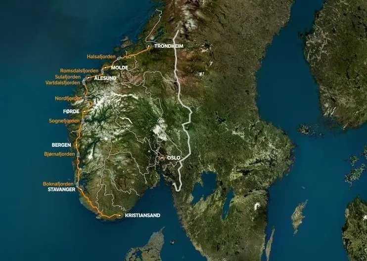 The work relates to a 1,100km stretch of the highway, running from Kristiansand in the south to Trondheim in central Norway