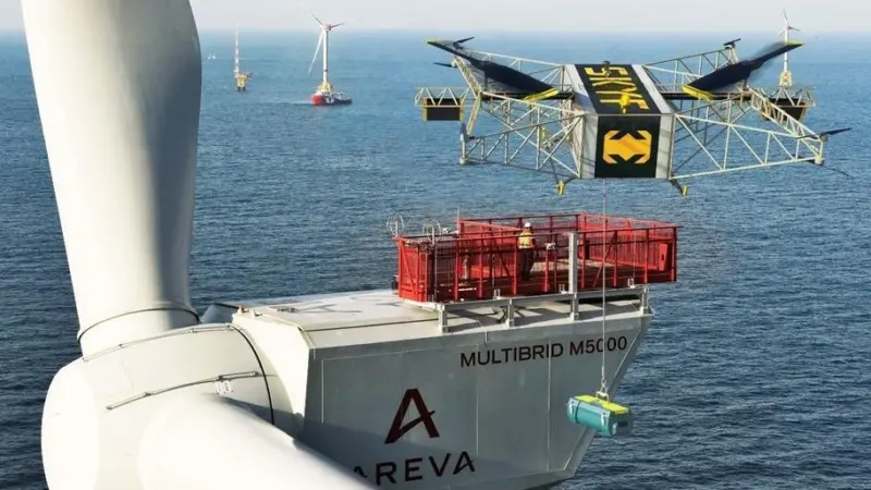 Based on a tubular frame, the SKYF drone has two main lift propellers that are powered from the central petrol engine