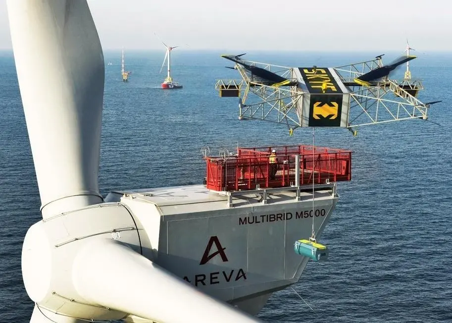 Based on a tubular frame, the SKYF drone has two main lift propellers that are powered from the central petrol engine