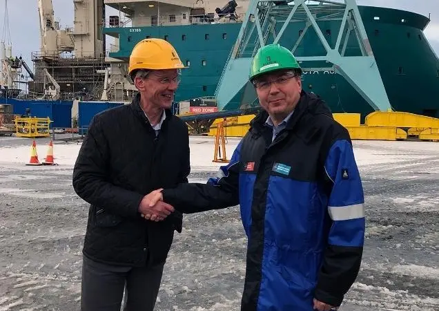 Acta Marine signs up with Ulstein Verft for the construction of their new SOV vessel, from left Rob Boer (AM) and Kristian Sætre (UVE). Photo courtesy: Ulstein Group