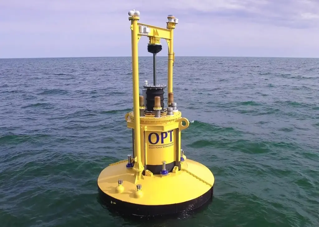 The buoy supports an extended heave plate to control the buoy motions and inside the buoy is a float that moves up and down with the wave motion