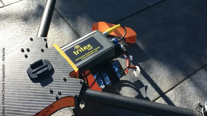 Tritex NDT’s thickness gauge fitted on a drone, ready for flight