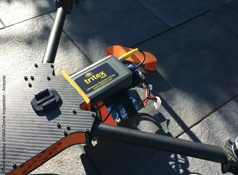 Tritex NDT’s thickness gauge fitted on a drone, ready for flight