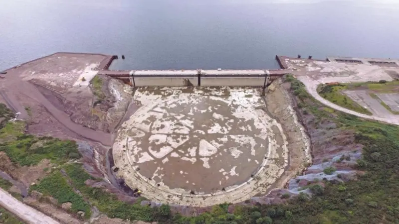 Aerial photo of the 160m diameter Kishorn drydock taken in late 2017, following its first pump out since 1993, when it was used to cast the Skye Bridge supporting caissons