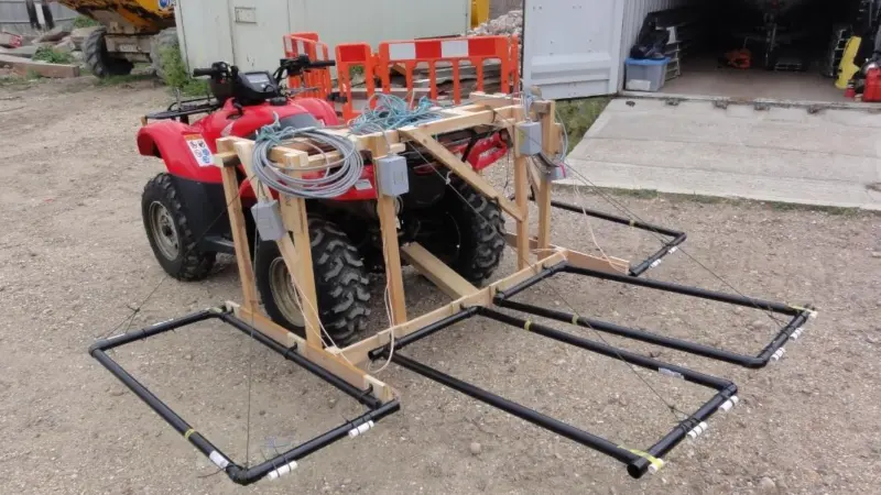 ESCP quadbike fitted with an array of RFID antennae, which speeds up the process of locating and recording the position of 'smart' pebbles