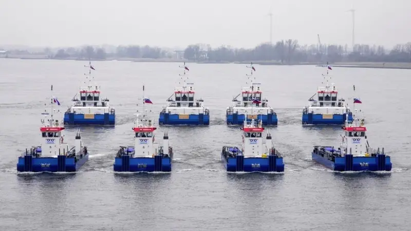 The 4 Multicats and 4 Pusher tugs