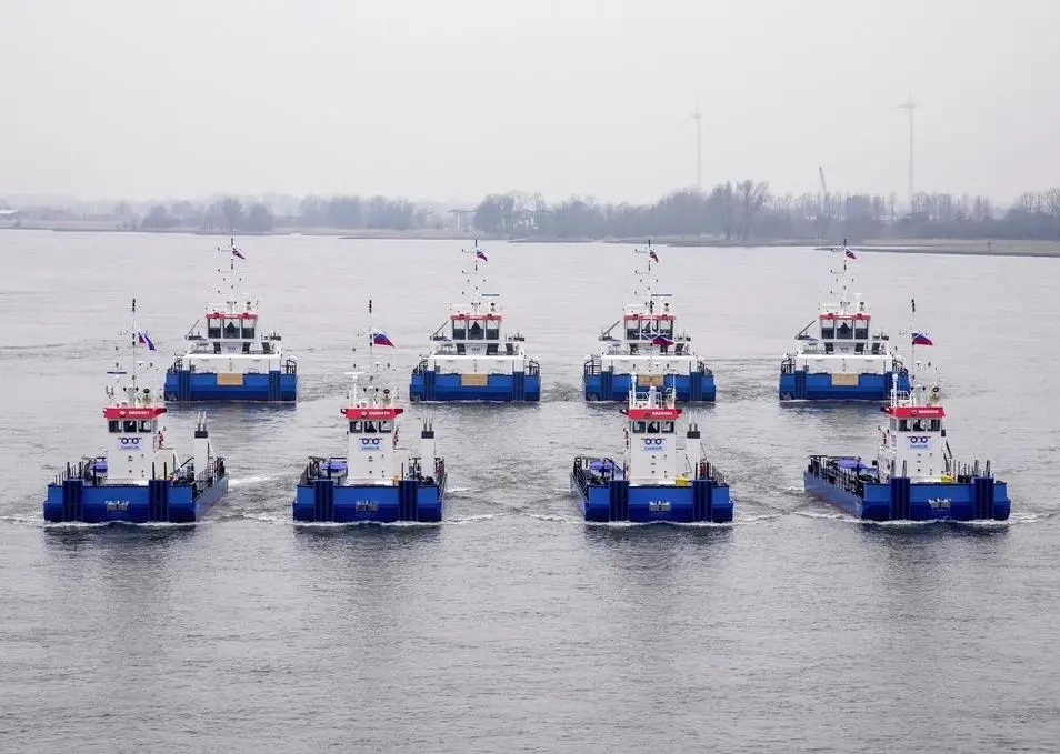The 4 Multicats and 4 Pusher tugs