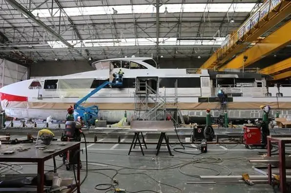 'Red Jet 7' in the build hall in Cowes