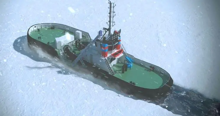 The lose icebreaking bow has its own propulsion in addition to the tug's own (Alfons Hakans)