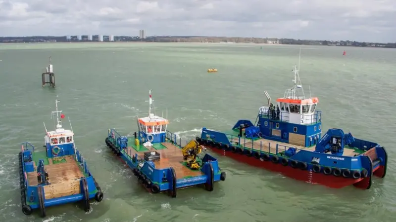 Workboats from the Meercat range off the yard at Hythe, Southampton