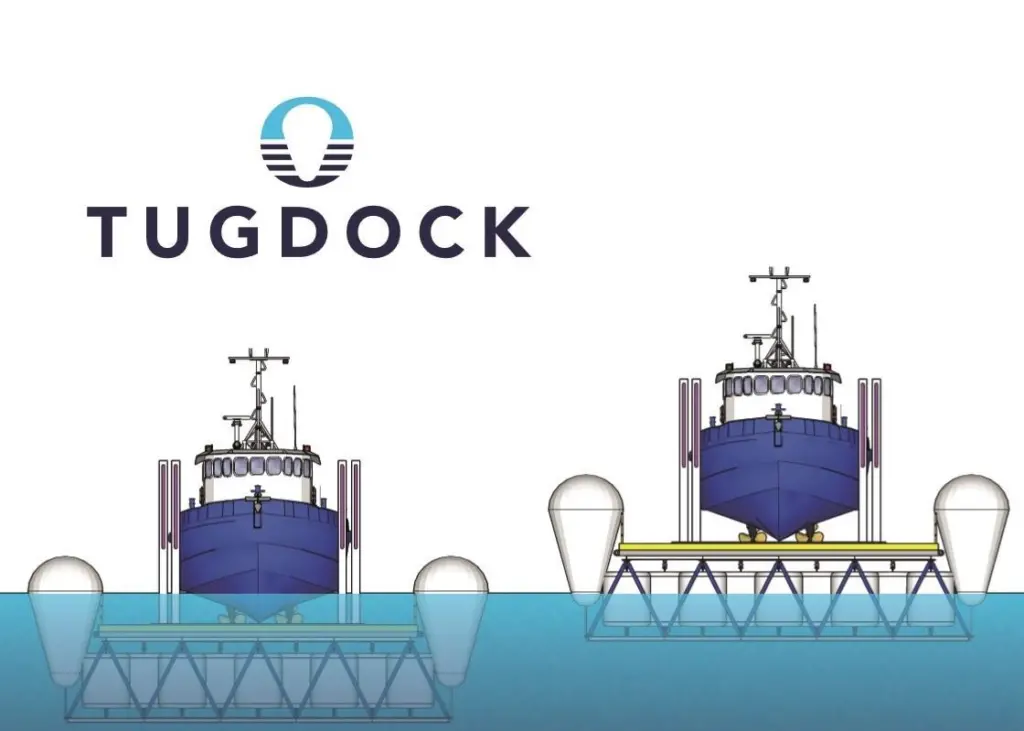 Tugdock uses individually controlled buoyancy bags contained within an open steel space frame