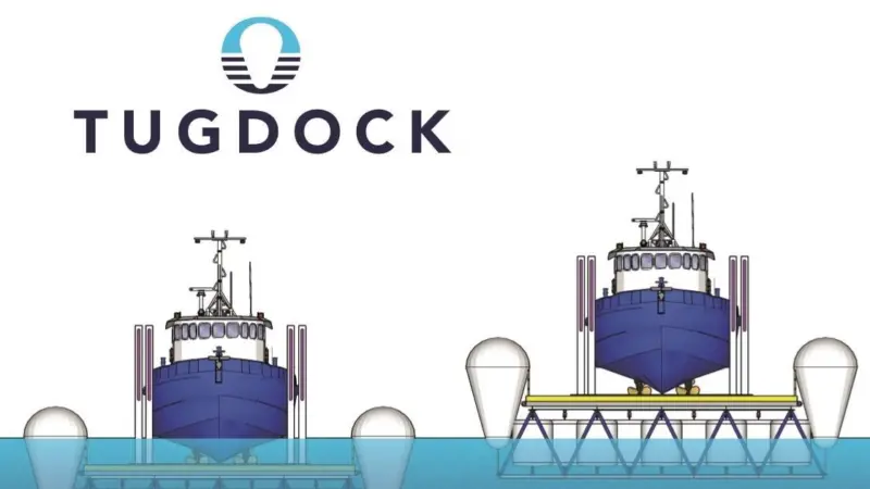 Tugdock uses individually controlled buoyancy bags contained within an open steel space frame