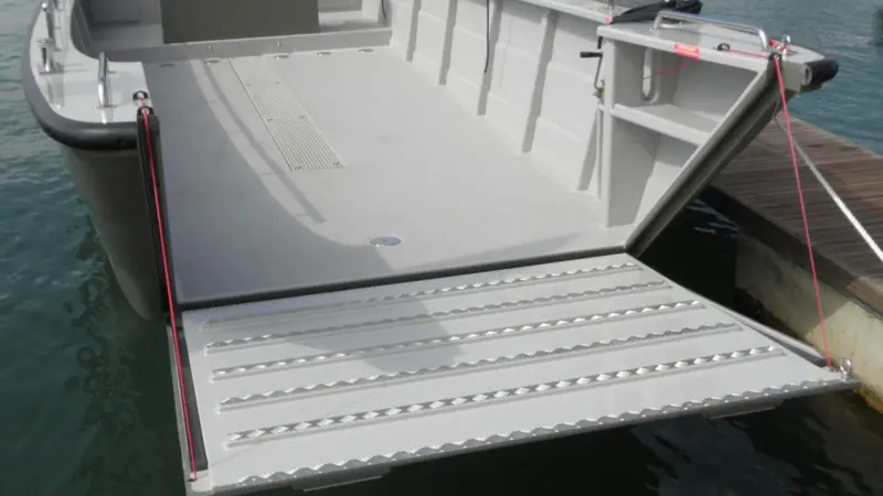 The V29 has a broad bow door taking up most of its width. Photo: Geoff Tester