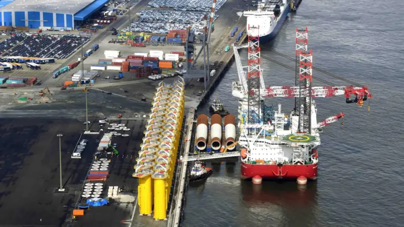 The terminal is supporting Van Oord with the storage and transhipment of monopiles for Northland Power’s Deutsche Bucht windfarm Photo: Cuxport