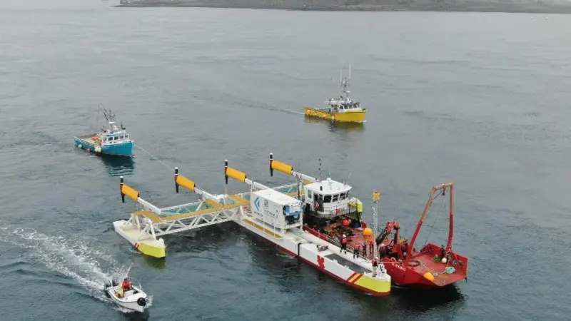 The PLAT-I floating tidal energy was towed across to Grand Passage by local fishing vessels 'TyKiSha-J' and 'Island Lady G' Photo: Sustainable Marine Energy Ltd
