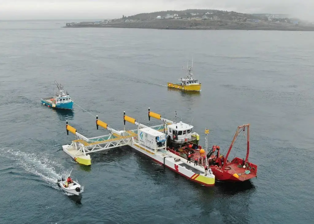 The PLAT-I floating tidal energy was towed across to Grand Passage by local fishing vessels 'TyKiSha-J' and 'Island Lady G' Photo: Sustainable Marine Energy Ltd
