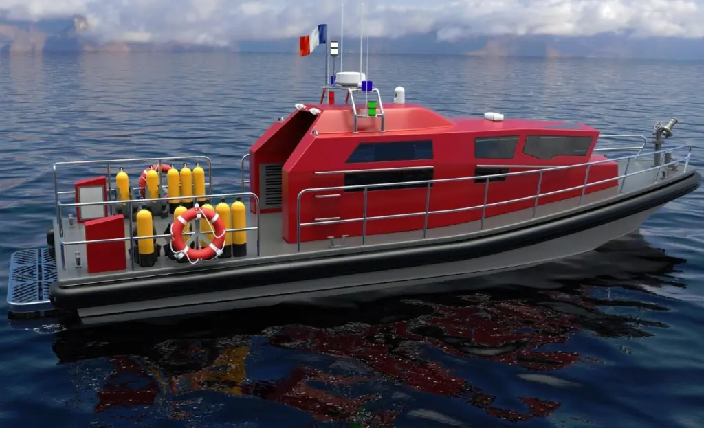 For a fire fighting role a diesel power pump can feed 4800 litres per minute to a fire monitor mounted on the foredeck with a 500 litre foam tank built into the hull