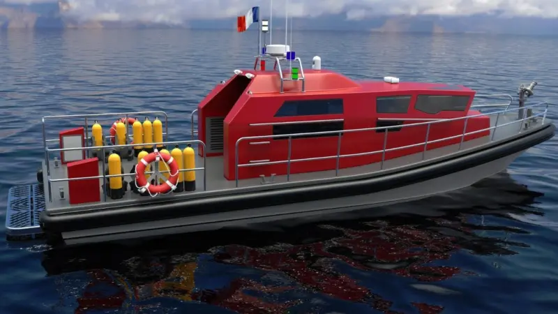 For a fire fighting role a diesel power pump can feed 4800 litres per minute to a fire monitor mounted on the foredeck with a 500 litre foam tank built into the hull