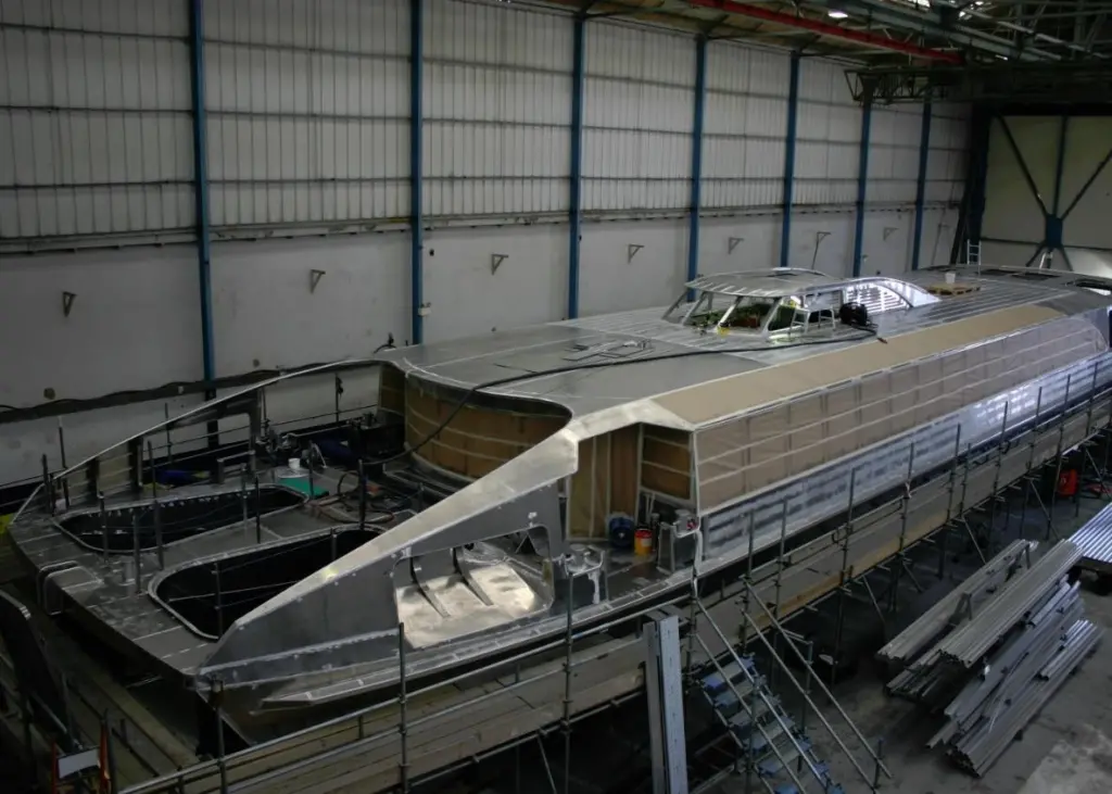'Venus Clipper' in the main build shed at Wight Shipyard