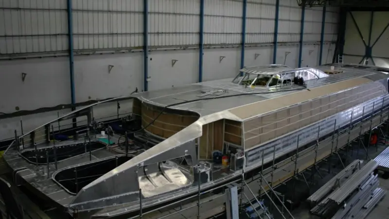 'Venus Clipper' in the main build shed at Wight Shipyard