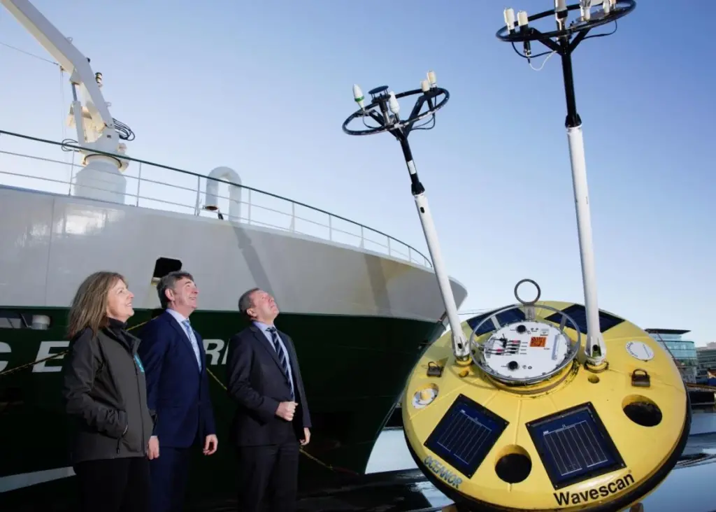 Michael Creed TD with Marine Institute CEO Peter Heffernan and Evelyn Cusack, Head of Forecasting at Met Eireann