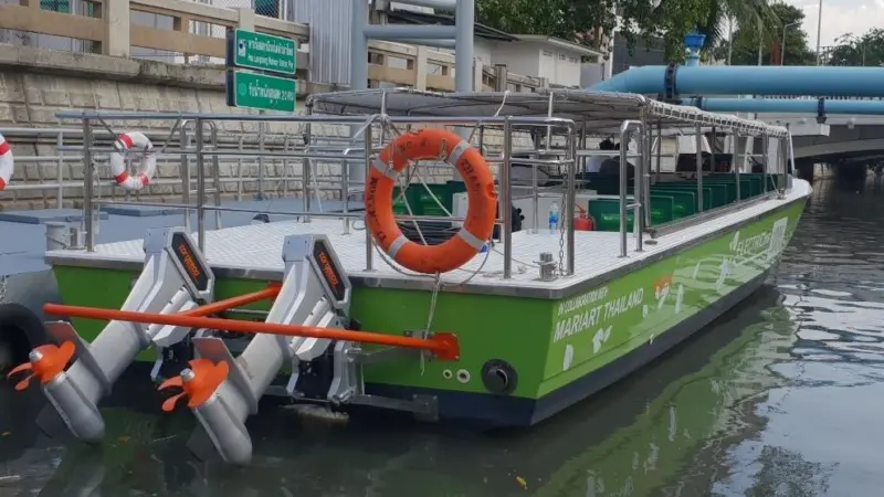 twin Torqeedo Cruise 10kW electric outboards, each with six Torqeedo lithium battery banks and two fast chargers