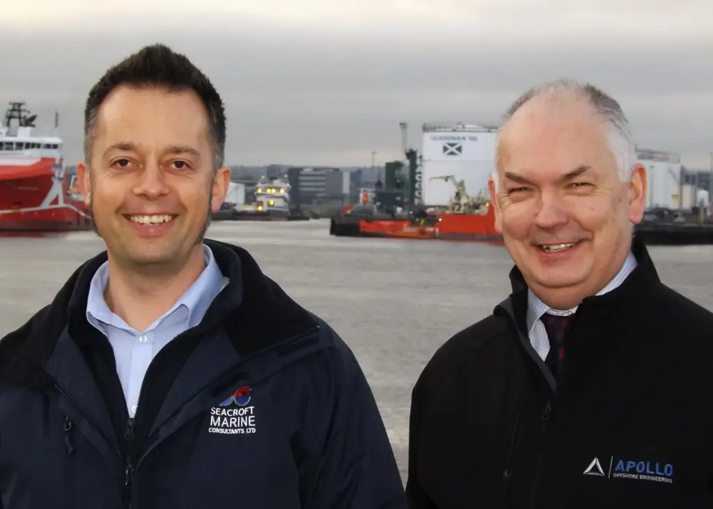 Michael Cowlam (l), technical director of Seacroft Marine Consultants with Nigel Robinson, marine and renewables managing director at Apollo Photo: Seacroft Marine Consultants