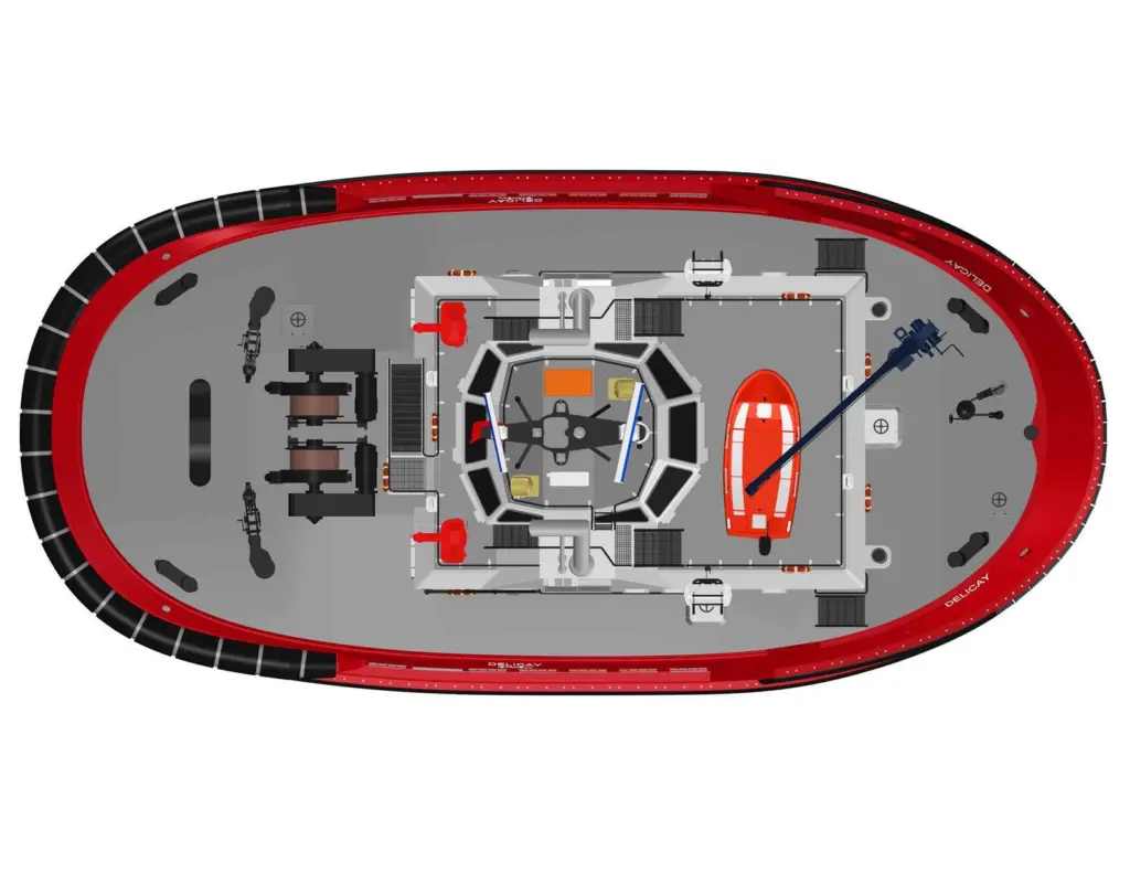 The tug includes two 'mirror-image' winches and tow hooks aft (Sanmar)