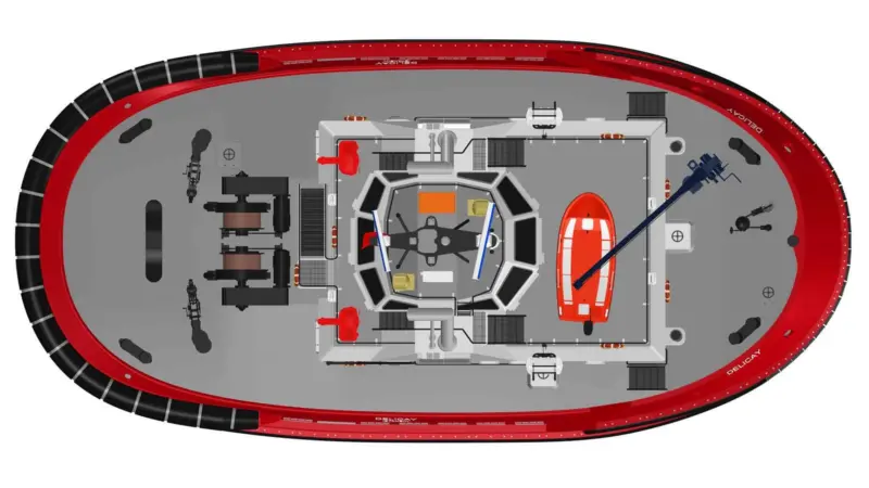 The tug includes two 'mirror-image' winches and tow hooks aft (Sanmar)