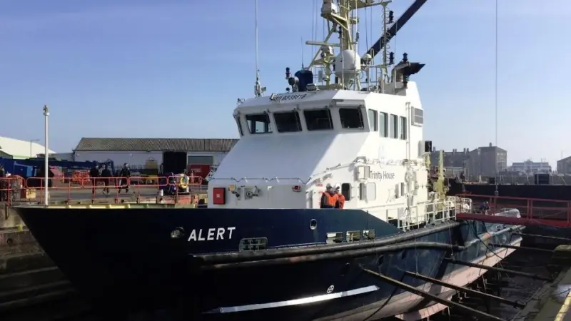 Trinity House's buoy maintenance vessel 'Alert' in Lowestoft dry dock