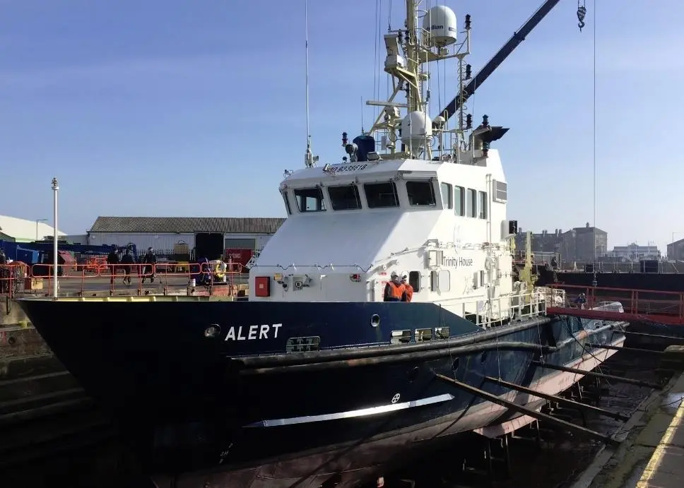 Trinity House's buoy maintenance vessel 'Alert' in Lowestoft dry dock