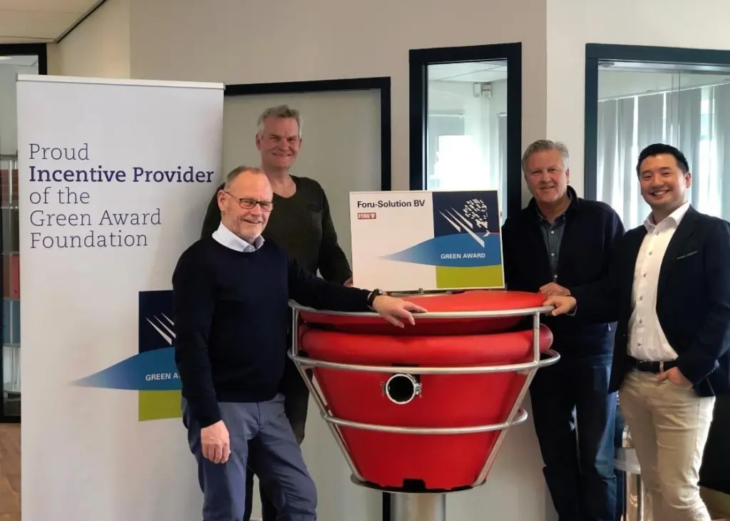 Jan Fransen, executive director of the Green Award Foundation; Koos Tamminga, technical director of Foru-Solution; Bert Smit, Sibinga general director of Foru-Solution; Keita Shinohara, certification manager of the Green Award Foundation