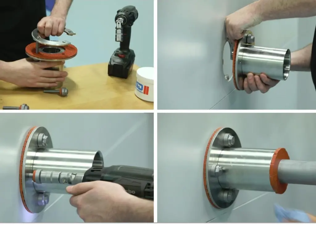 Beele Engineering is marketing an assembly set that makes it possible to install flange transit pipes in steel decks and bulkheads without welding