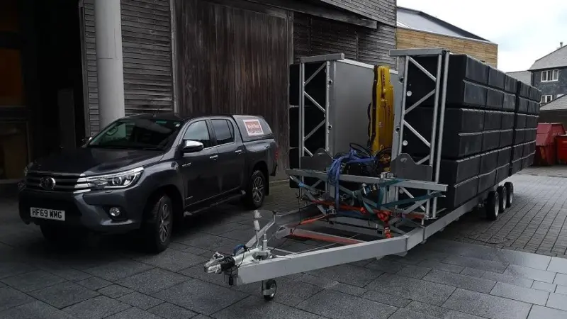 WorkFloat 'folds' up to tow behind a 4x4 on the road