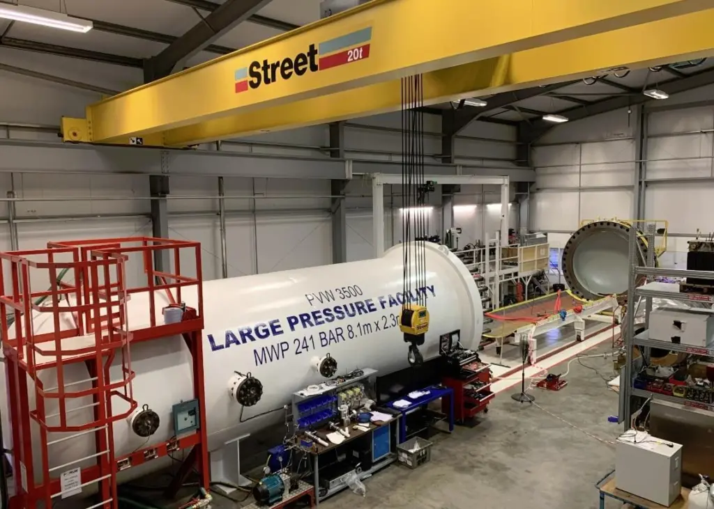 The tank is rated to 241bar (2,400m depth) and measures 2.4m diameter x 9.7m length