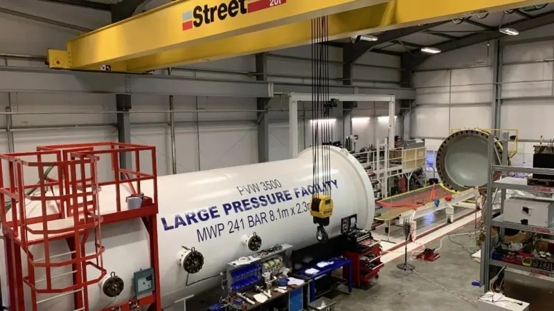 The tank is rated to 241bar (2,400m depth) and measures 2.4m diameter x 9.7m length