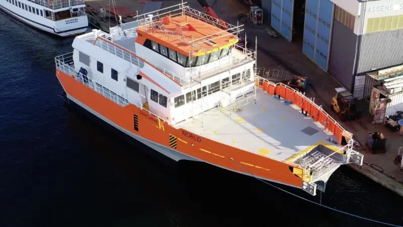 The trimaran hull shape confers the ability to operate at high speed with reduced fuel consumption