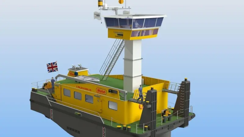 The tug’s wheelhouse is fitted to a column that can be raised or lowered as required