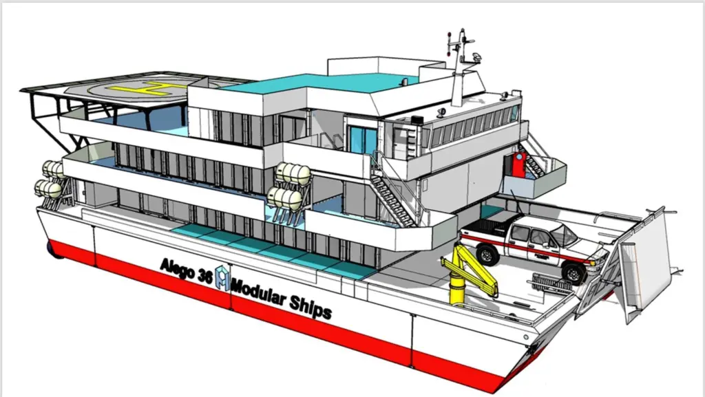 The hospital boat design is based on 40ft hi-cube containers