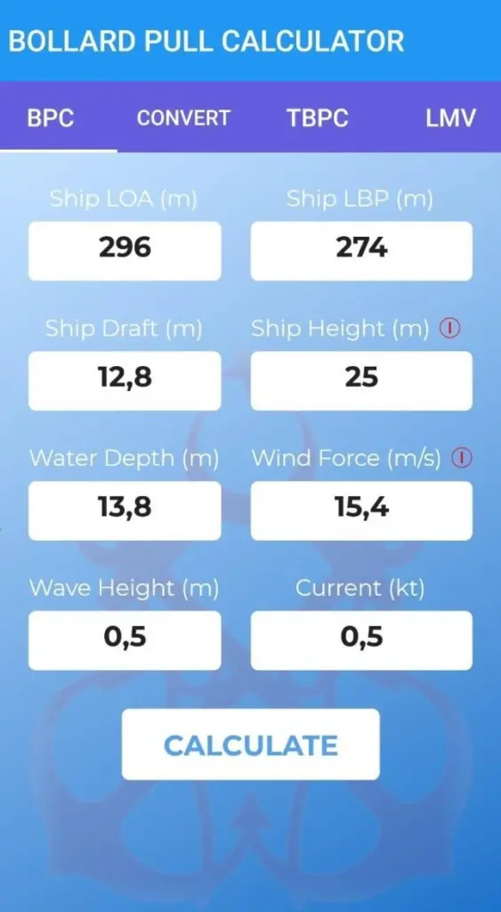 'Tug Assist Tool' requires the input of eight variables to calculate required bollard pull (Marine-Pilots.com)
